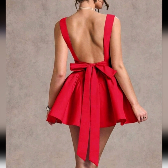 Solid Color Sexy Simple Romantic Backless Bow Decor Flare Mini Dress,Autumn - Picture 2 of 4